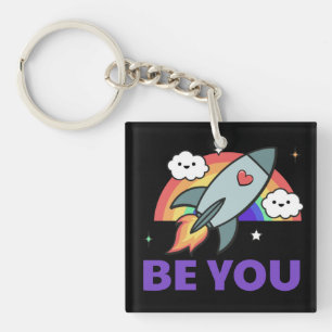 Be you. Rainbow rocket cloud with heart Keychain