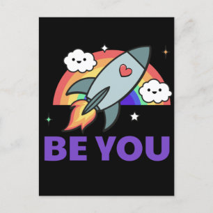 Be you. Rainbow rocket cloud with heart. Poster Postcard