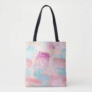 BE-YOU-TIFUL Pink & Blue Watercolor Brush Stroke Tote Bag