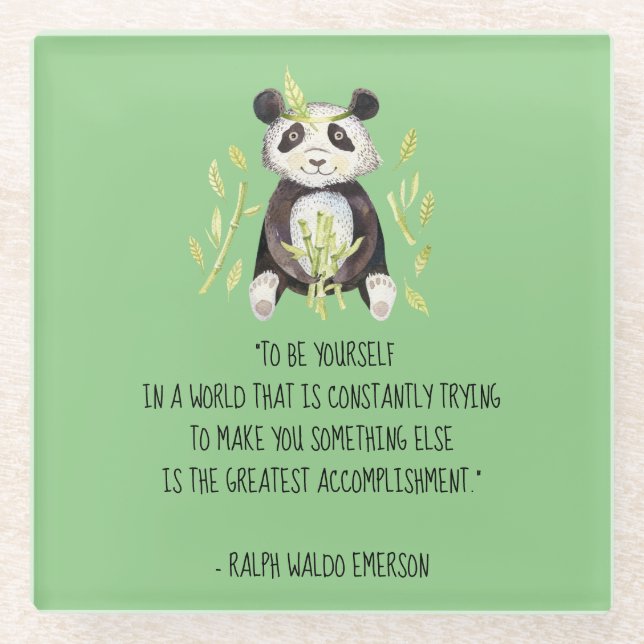 Be Yourself Emerson Quote with Boho Panda Glass Coaster (Front)
