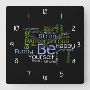 BE Yourself Inspirational Word Cloud w/numbers Square Wall Clock