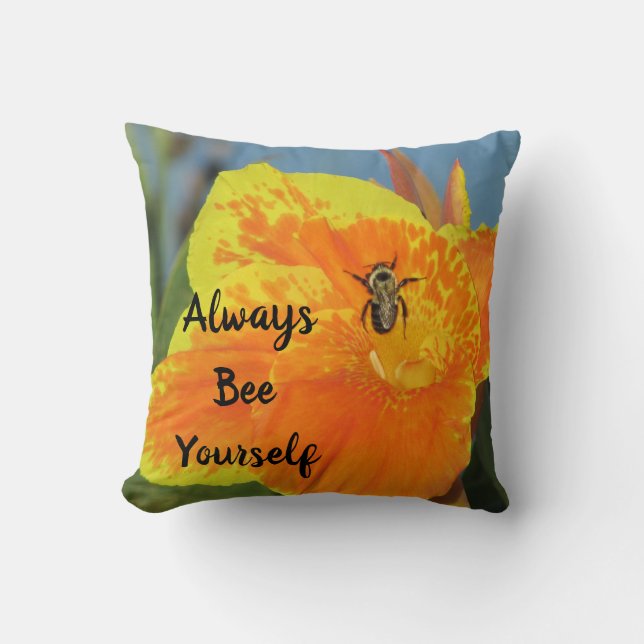Be Yourself Orange Lily Photo Bee Pun Nature Humou Cushion (Front)