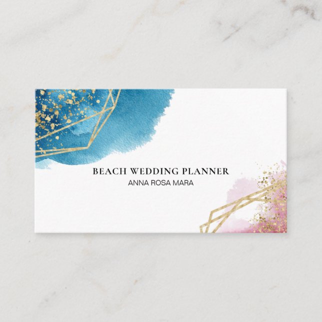 *~* Beach Abstract Blue Pink Gold Glitter Polygons Business Card (Front)