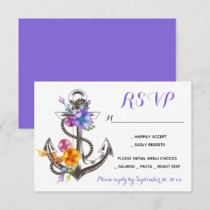 Beach Anchor Floral Purple Nautical Wedding RSVP Invitation