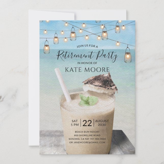 Beach And Cocktail String Lights Retirement Party Invitation (Front)