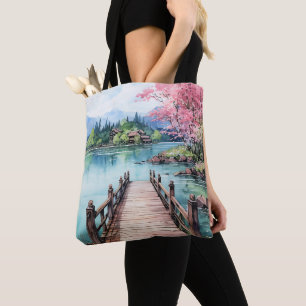 Beach and Lake Watercolor Background Paint Design Tote Bag