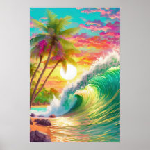 Beach and large wave poster