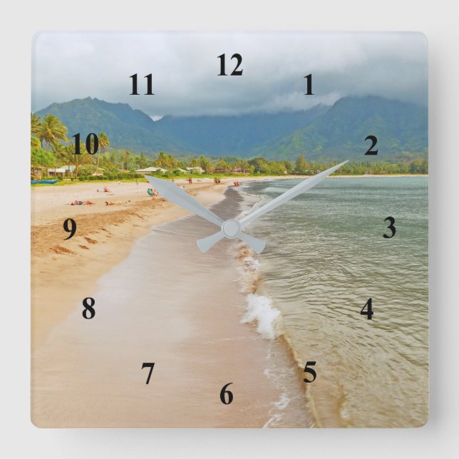 BEACH AND MOUNTAINS WITH CLOUDS SQUARE WALL CLOCK (Front)