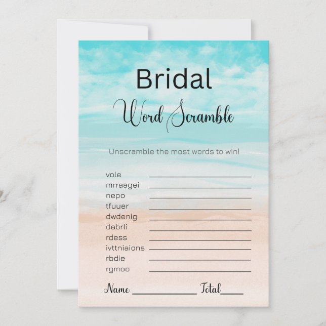 Beach and Ocean Bridal Blue Word Scramble Game Invitation (Front)