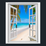 Beach and Ocean View Faux Window Poster<br><div class="desc">Ocean view fake window. Beach and palm trees scene,  for a windowless office wall. Fun,  realistic optical illusion scenic poster for an office or study wall.</div>