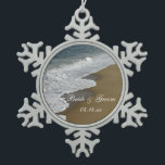 Beach and Ocean Wedding Snowflake Pewter Christmas Ornament<br><div class="desc">The natural Beach and Ocean Wedding Snowflake Ornament makes a great keepsake when it's personalised with the names of the bride and groom and marriage ceremony date. This custom beachy wedding ornament features a nature photograph of ocean waves crashing on the sandy shore of Old Orchard Beach in Maine. Perfect...</div>