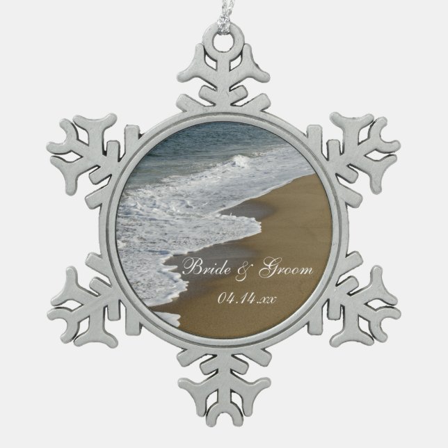 Beach and Ocean Wedding Snowflake Pewter Christmas Ornament (Front)
