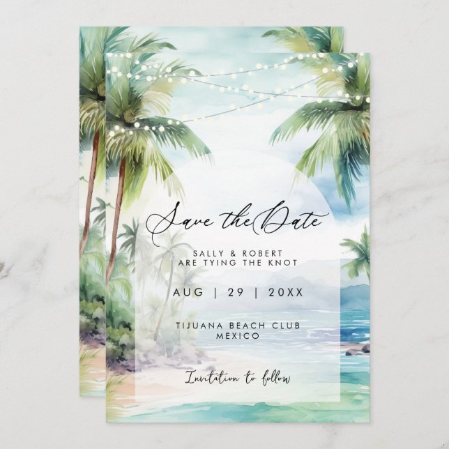 beach and palm trees save the date card (Front/Back)