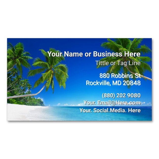 Beach and Palm Trees Tropical Magnetic Business Card (Front)