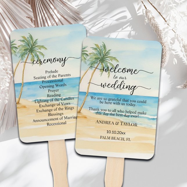 Beach and Palm Trees Wedding Program Ceremony Hand Fan (Creator Uploaded)