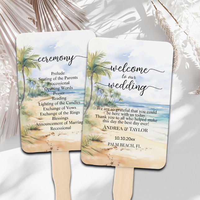 Beach and Palm Trees Wedding Program Ceremony Hand Fan (Creator Uploaded)