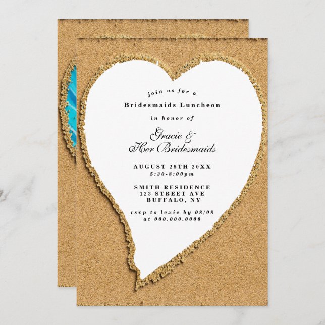 Beach and Sand Heart Bridesmaids Luncheon Invites (Front/Back)