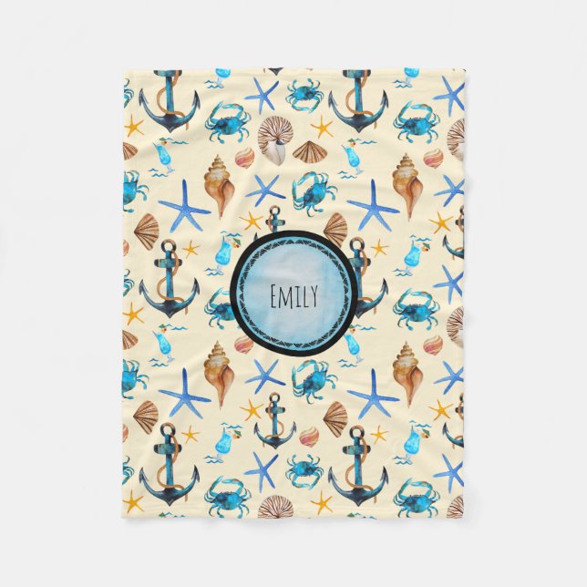 Beach And Sea Life Themed Pattern Personalised Fleece Blanket (Front)
