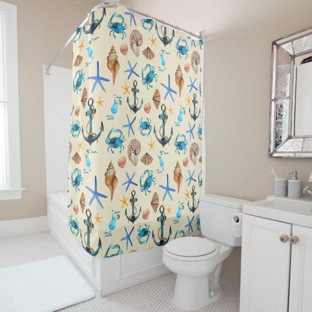 Beach And Sea Life Themed Pattern Shower Curtain (In Situ)