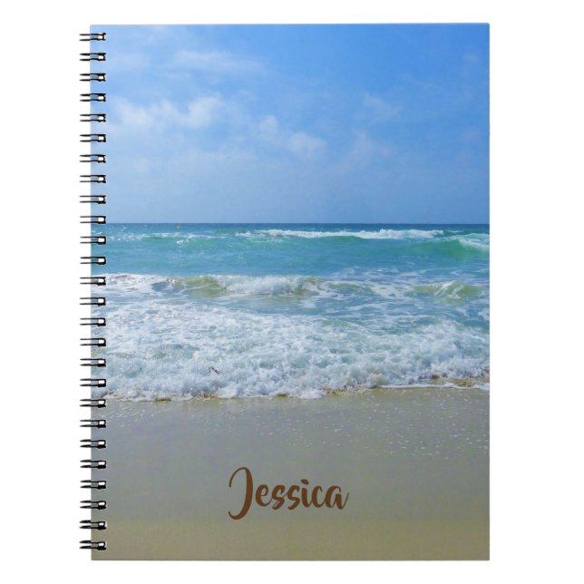 Beach and Sea with Waves Personalised Name Notebook (Front)