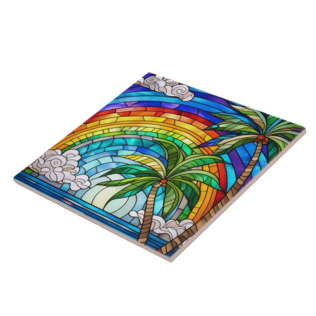 Beach and waves Stained glass art Ceramic Tile (Side)