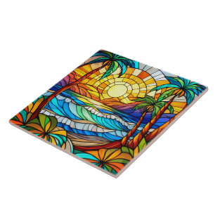 Beach and waves Stained glass art Ceramic Tile
