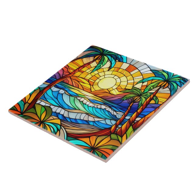Beach and waves Stained glass art Ceramic Tile (Side)