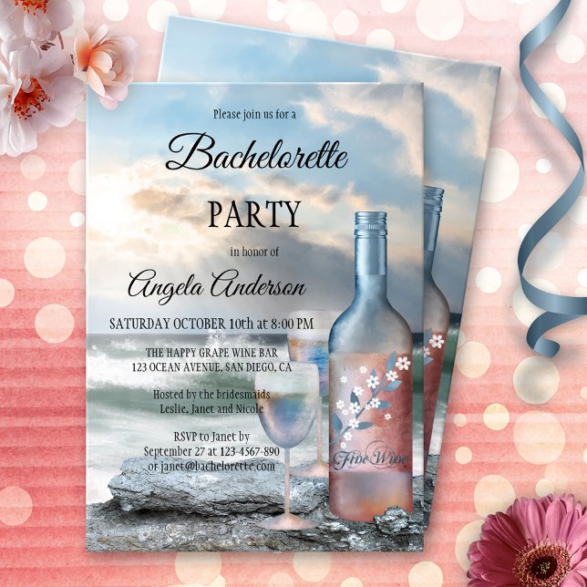 Beach and Wine Bachelorette Party Invitation (Bachelorette party invitation showing a painting of a wine bottle and two glasses at the beach)