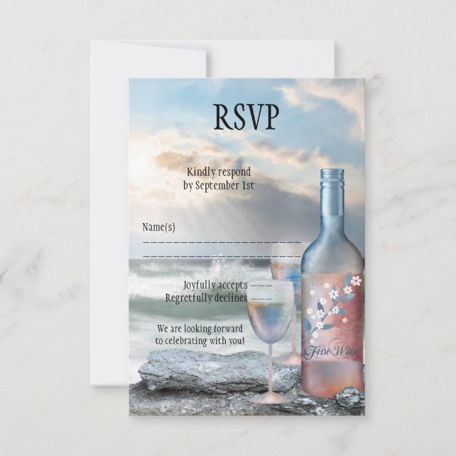 Beach and Wine Themed Wedding RSVP Card (Front)