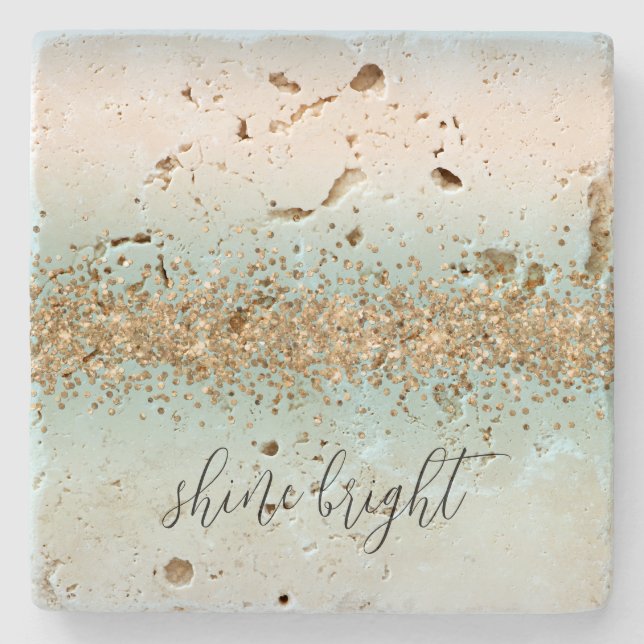 Beach Aqua Blue Ombre Gold Glitzy Sparkle Stone Coaster (Front)