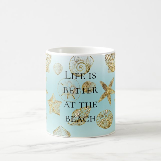 Beach Aqua Blue Ombre Gold Sea Shells Coffee Mug (Center)