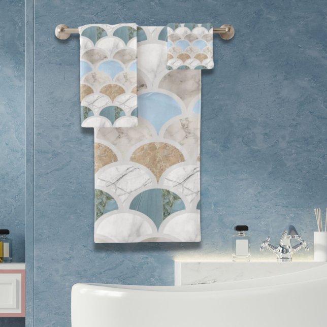 beach aqua blue white marble pastel mermaid scales bath towel set (beach aqua blue white marble pastel mermaid scales bath towel set)
