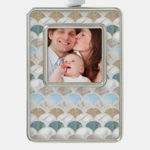 beach aqua blue white marble pastel mermaid scales silver plated framed ornament