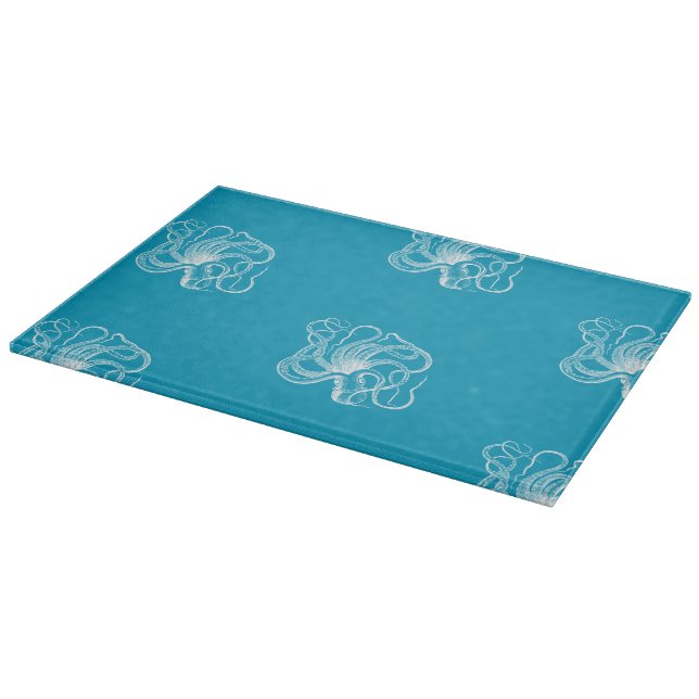 Beach Aqua Blue White Ocean Octopus Cutting Board (Corner)