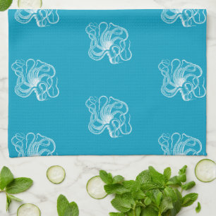 Beach Aqua Blue White Ocean Octopus Tea Towel