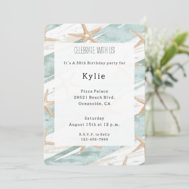 Beach Aqua Mint Starfish Stripes Birthday   Invitation (Standing Front)