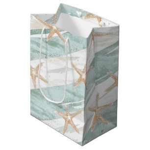 Beach Aqua Mint Starfish Stripes Bridal Shower Medium Gift Bag