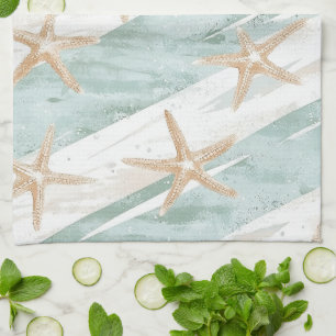 Beach Aqua Mint Starfish Stripes   Tea Towel