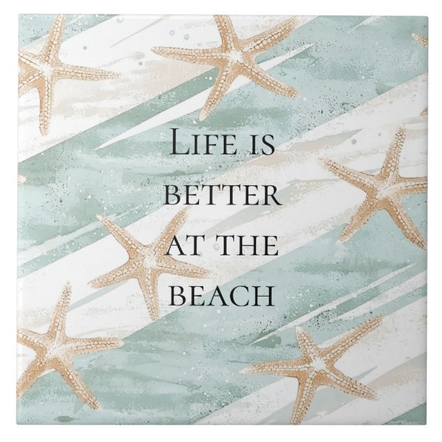 Beach Aqua Mint Starfish Stripes Wedding Ceramic Tile (Front)