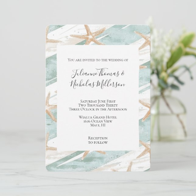Beach Aqua Mint Starfish Stripes Wedding Invitation (Standing Front)