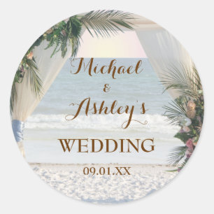 Beach Arbor Rose Tropical Leaves Sunset Wedding Classic Round Sticker