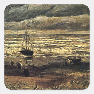 Beach at Schevening in Stormy Weather - Gogh Square Sticker