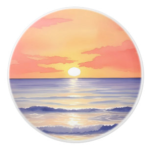 Beach at Sunset Ocean Wave Watercolor Painting Ceramic Knob