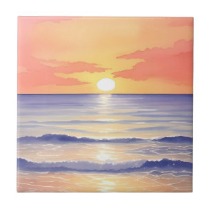 Beach at Sunset Ocean Wave Watercolor Painting Ceramic Tile