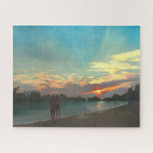 Beach at Sunset With Couple Walking Oil Painting Jigsaw Puzzle