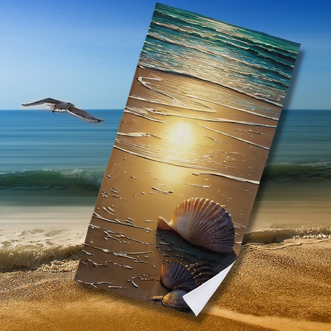 Beach at Sunset with Shells on Sand   Beach Towel (Creator Uploaded)