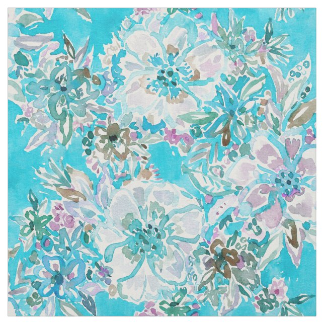BEACH BABE Aqua Watercolor Floral Fabric (Swatch)