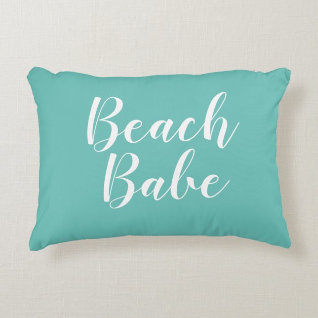Beach Babe Beach Life Turquoise Script Decorative Cushion (Front)