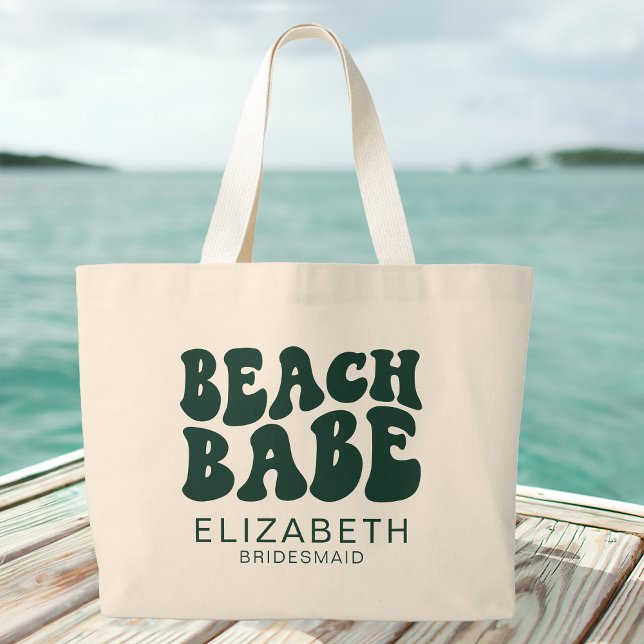 Beach Babe Emerald Green Cool Bachelorette Party Large Tote Bag (Creator Uploaded)