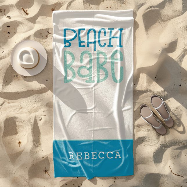 Beach Babe Funky Typography Name Teal White Beach Towel (Creator Uploaded)
